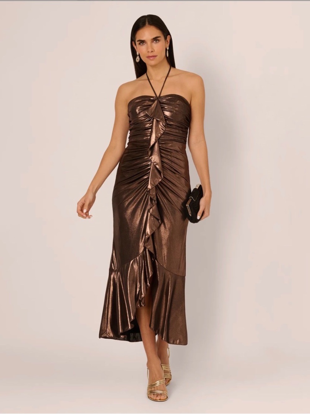 NWT Adrianna Papell Foil Ruched Ruffle Halter Midi Dress In Cinnamon Size 12